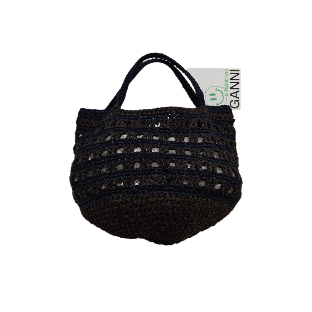 Ganni Striped Crochet Tote Bag In Brown And Navy Blue NWT